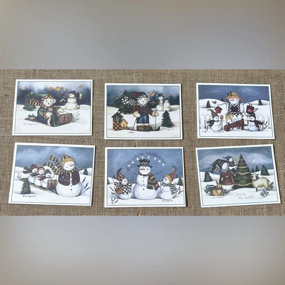 Vintage Laurie Korsgaden Snowman Teddy Bear Christmas Card Set Rustic Folk Art